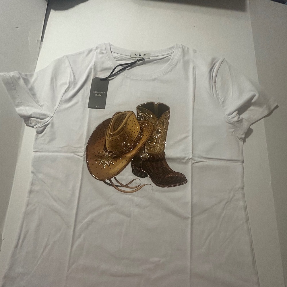 Y & F Women White Rhinestone Western Cowboy Hat Boot Graphic T-Shirt L/XL NEW